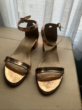 Stuart Weitzman Metallic Rose Gold Ankle-Strap Block Heel Sandals